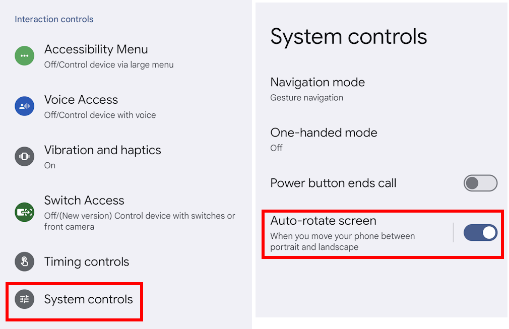 Tap System controls then Auto-rotate screen